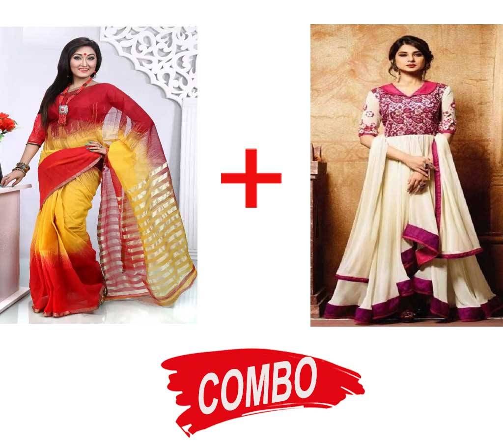Semi-Stitched Embroidery Georgette Gown (Copy) + Half Silk Saree Combo Offer