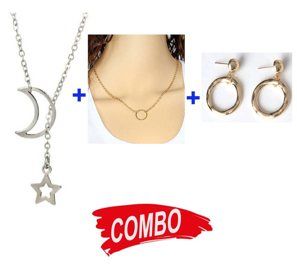 Moon Star Pendant Choker Necklace + Circle Studs Earrings + Coin Pendants Necklaces Combo Offer