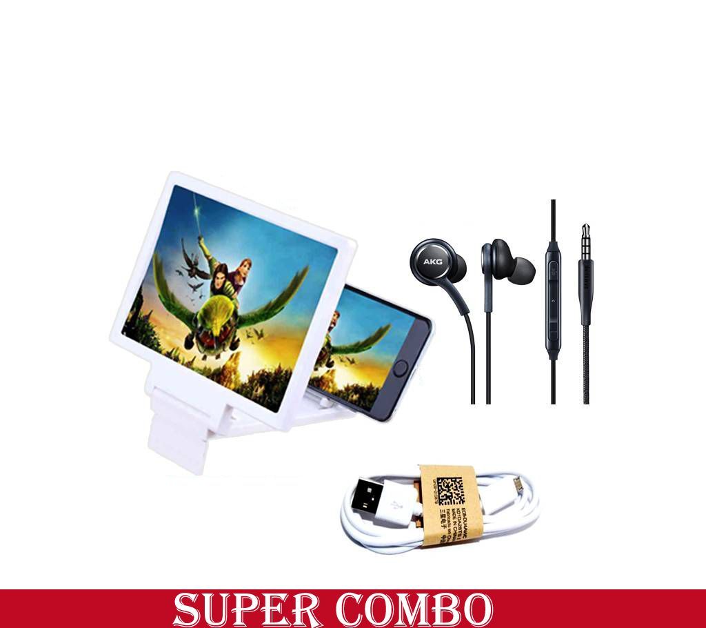 3D Mobile Glass  + AKG Ear phone + Usb Cable Combo