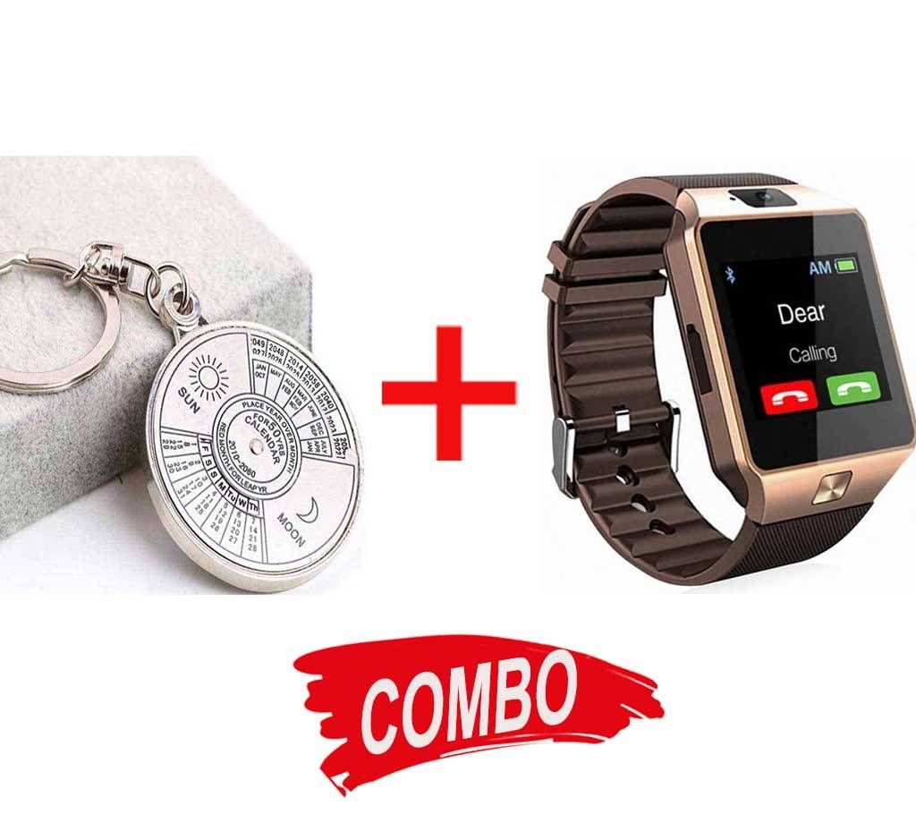 Dz09 Smart Watch Sim supported Gold+50 Years Calendar key ring Combo