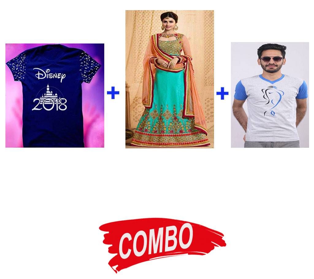 Mens Cotton Half Sleeve T-shirt 2pcs + Unstitched Embroidery Chosa Lehenga Copy Combo 