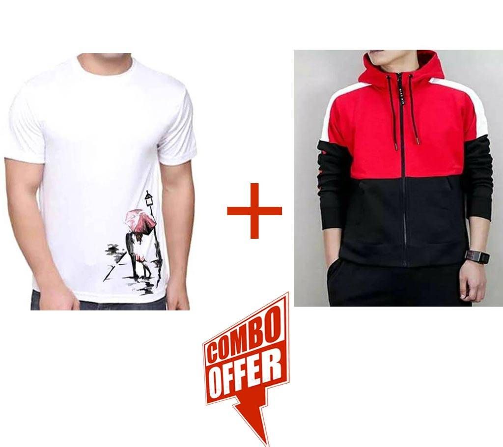 Gents Full Sleeve Hoodie + Half Sleeve Cotton T Shirt For Men  Combo Offer 