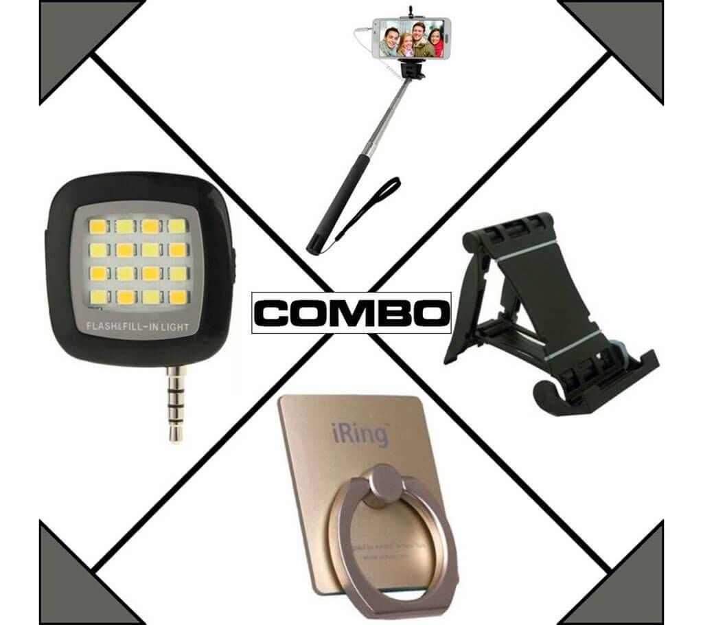 Combo of Selfie Stick, Mobile Stand, Flash Light and Ring Stand