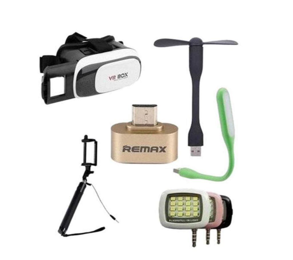 OTG Cable + USB Fan + USB Light + VR Headset + Selfie Stick + Portable Flash Light