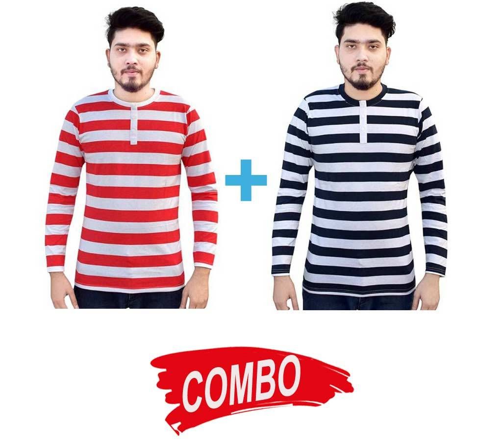 Gents Full Sleeve Striped T-Shirt (2 Designs) - Combo Offer