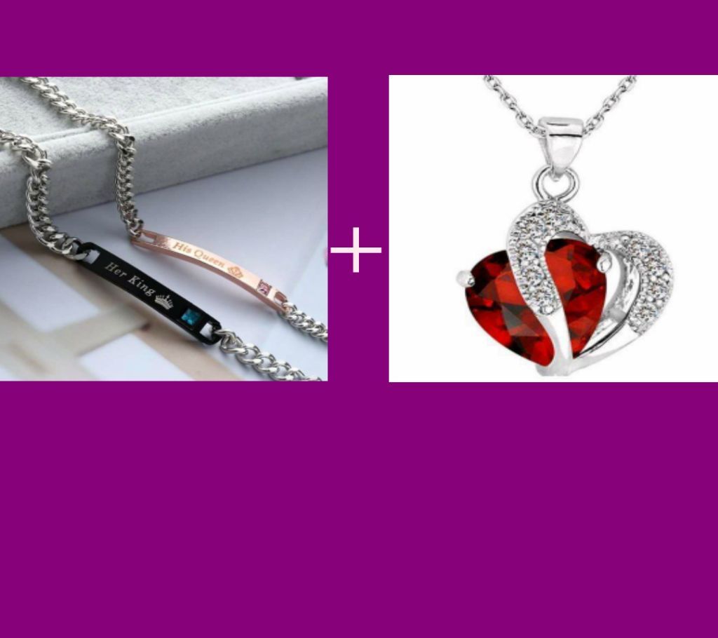 Prince And Princess Crown Couple Bracelet And Heart Shape Pendant