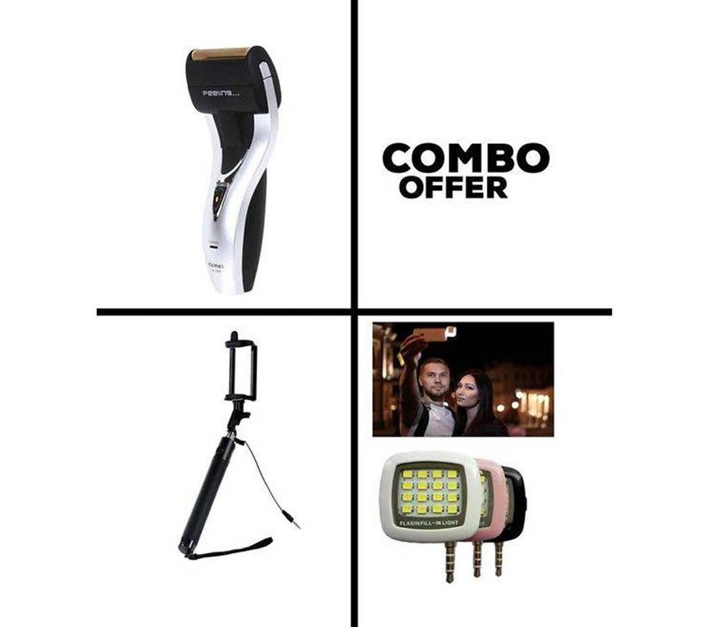 Combo Kemei KM-1720 Trimmer+Selfie Stick+ LED Light