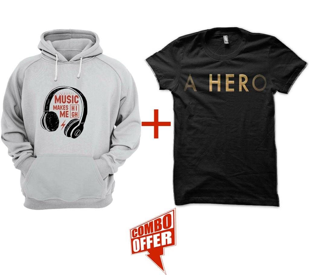 Music-Grey Melange-Mens-Hoodie+Gents Summer T-Shirt - A Hero Combo Offer 