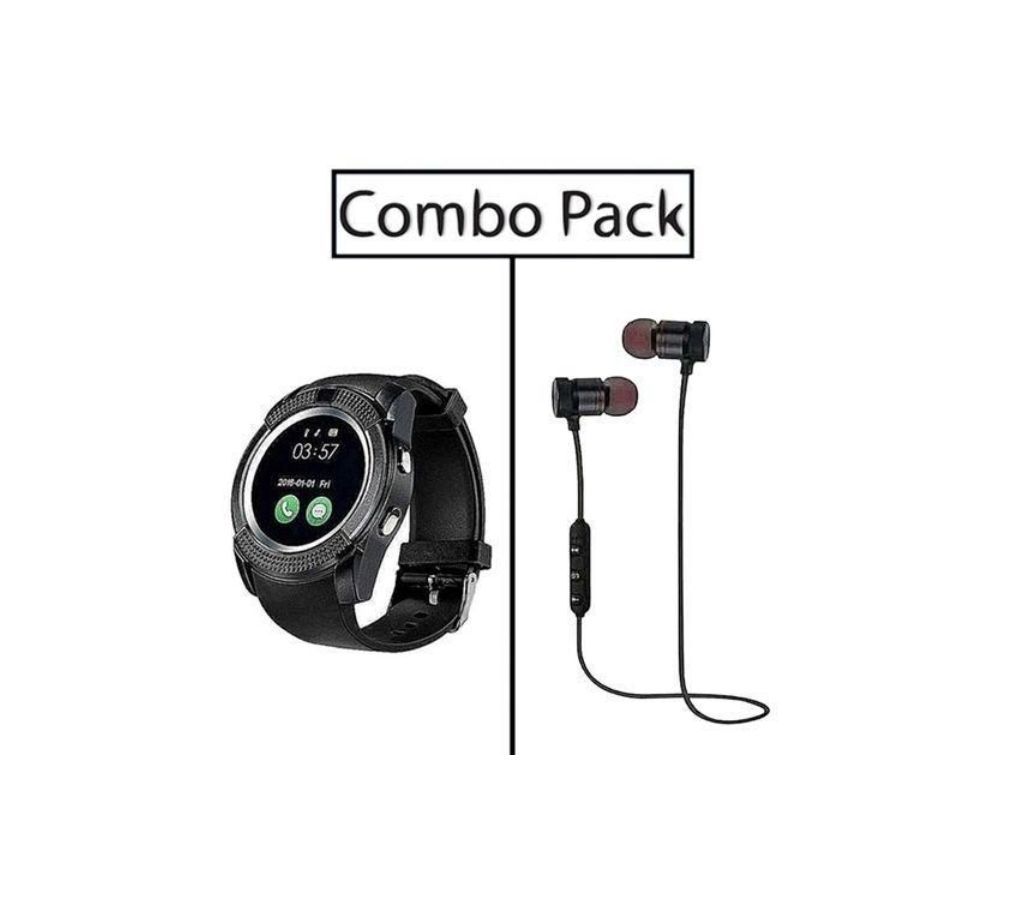 Combo of V8 Smart Watch and Stereo Super Bass Wireless Earphone  WLB1
