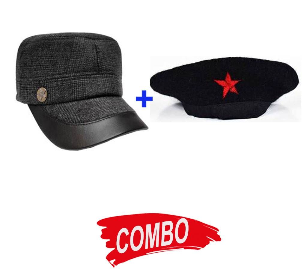 Black Stylish Cotton Cap For Men+China Winter Wool Cap Combo 