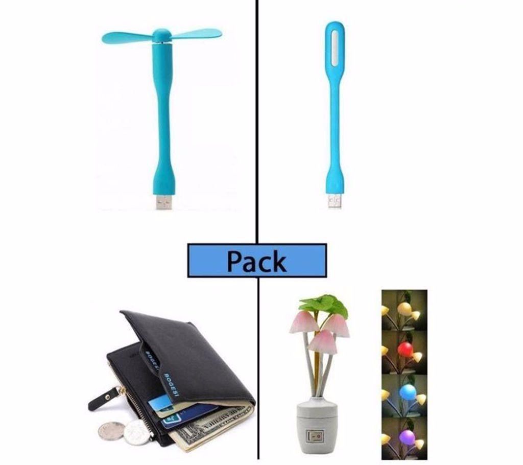 Flexible USB Fan + USB LED Light + Led Mushroom Lamp + Bogesi Leather Black Men's Wallet Combo