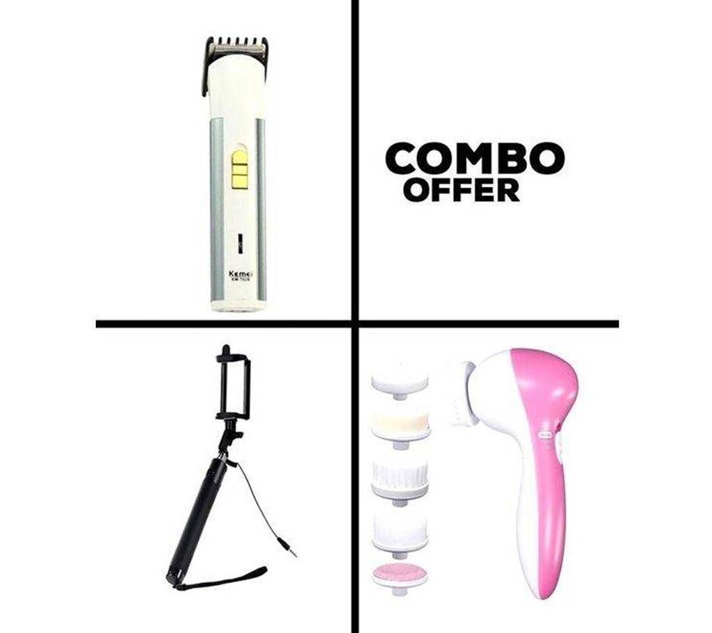 Combo of Kemei KM-1720 Trimmer+Selfie Stick+ Beauty Massager