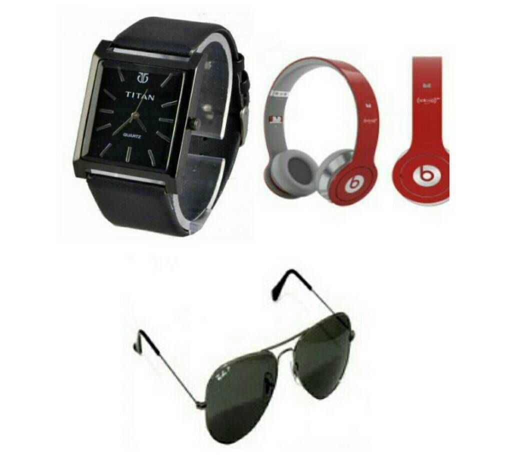 BEATS SOLO HD Wired Headphones (Copy) + TITAN Gents Watch (Copy) + Ray Ban Gents Sunglasses