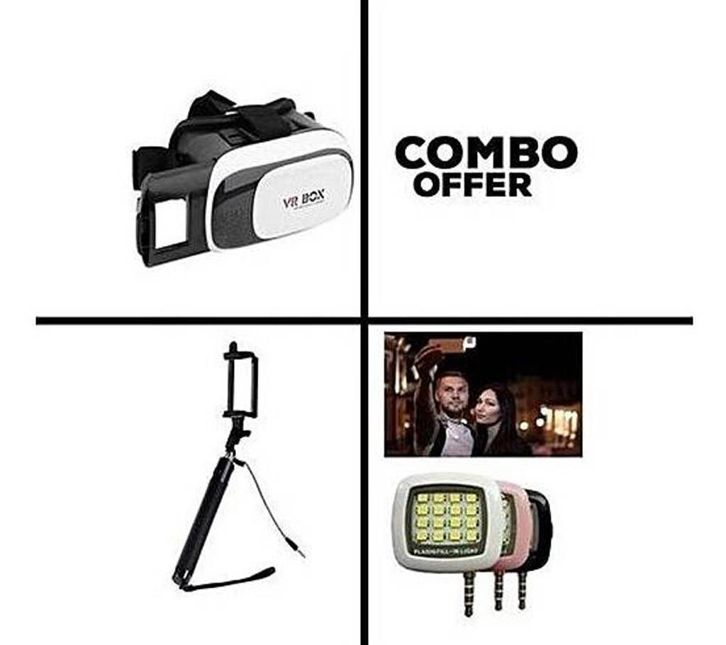 Combo of VR BOX 3D Headset+Selfie Stick+LED Flash Light