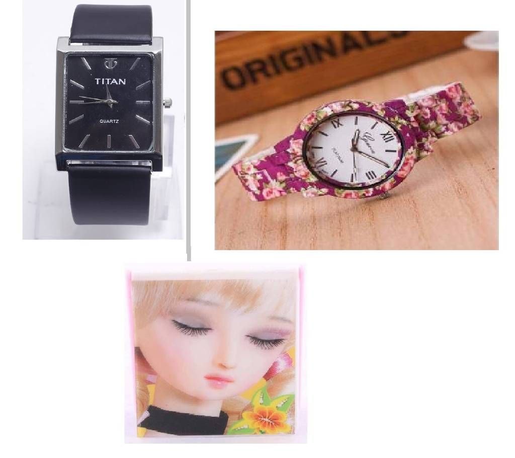 Titan (Copy) Menu Restore Watch & Ladies Floral Bracelet Watch & Makeup Mirror Combo