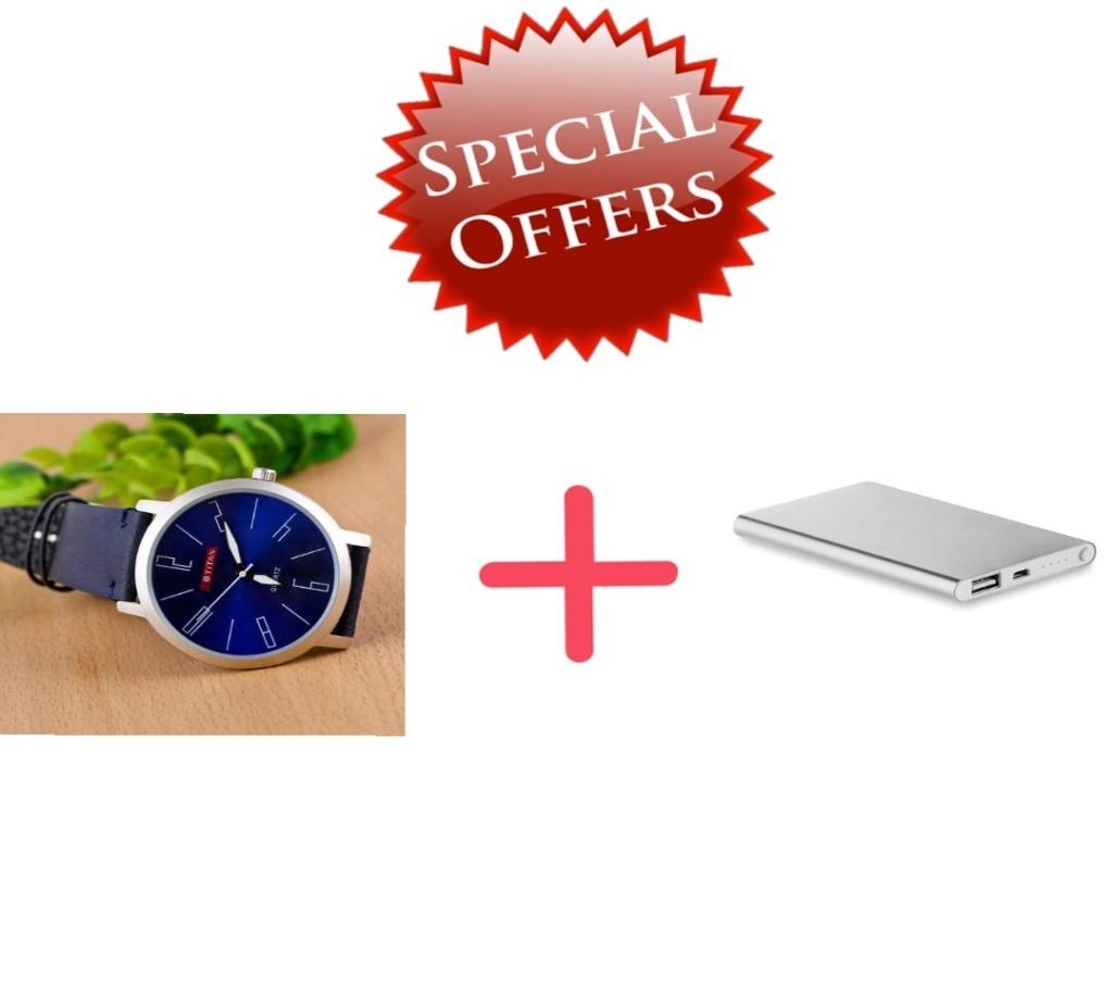 Titan Gents Wrist Watch + Power Bank 5000 mAh Combo Offer 
