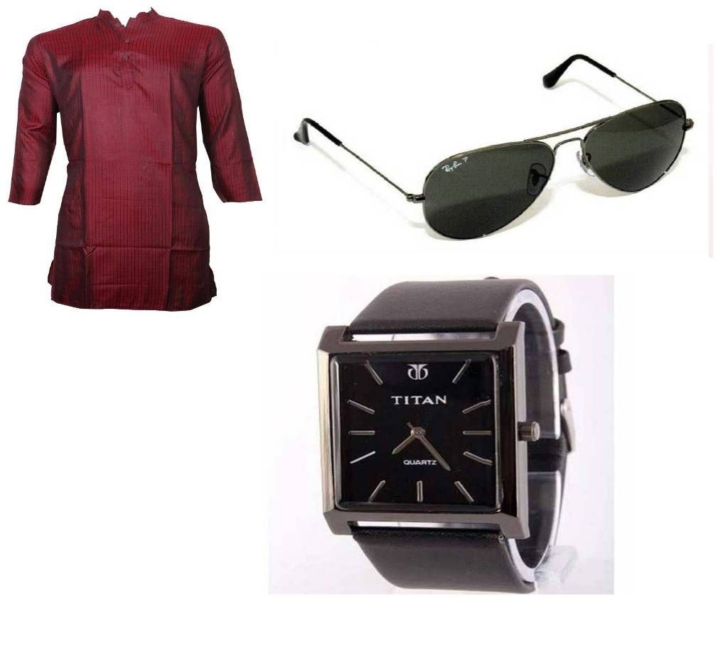 Semi long Cotton Punjab+Ray banaCopy)+Titan(Copy) Gents wrist watch Combo offer