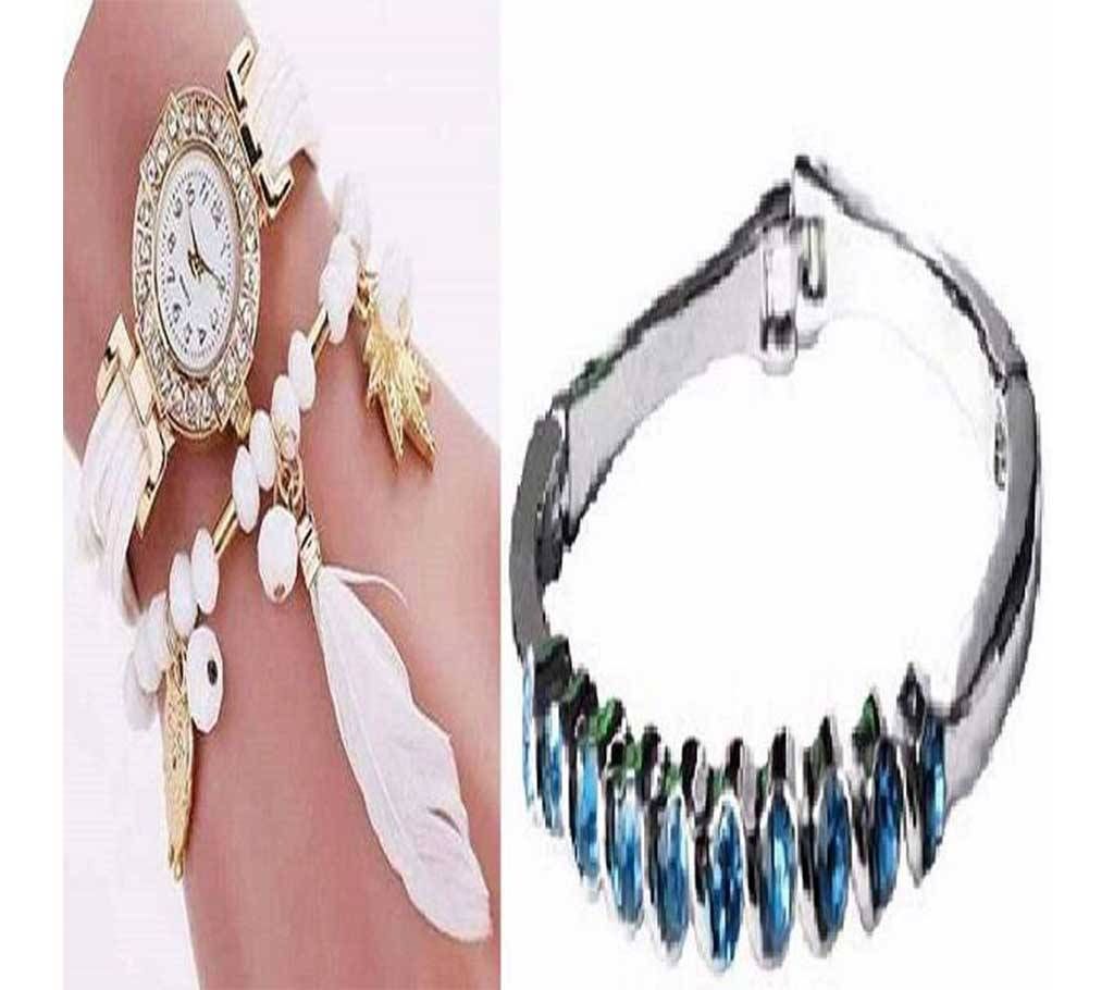 Feather Ladies Bracelet Watch and Crystal Bracelet