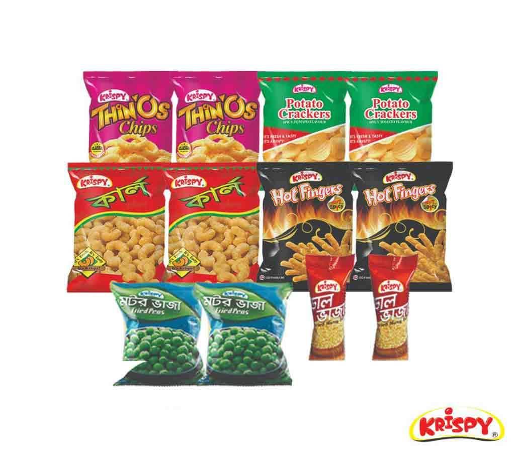 2 packet krispy curl+ 2 packet thinos+2 packet potato crackers+ 2 packet dal bhaja + 2 packet motor bhaja Combo Offer 