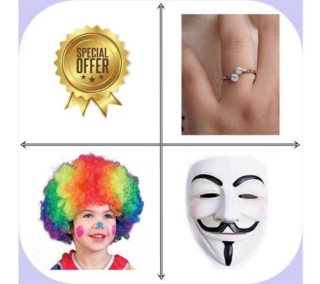 3 Pack of combo Rose Gold Plated Finger Ring+Malinga Hair Party Wig+Vendetta mask
