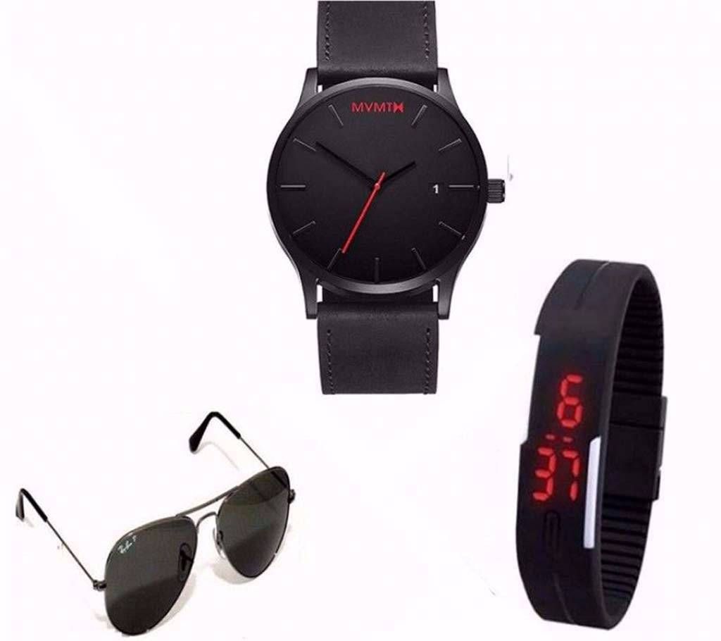 MVMT Wrist Watch, LED Watch & Ray Ban Sunglasses Combo