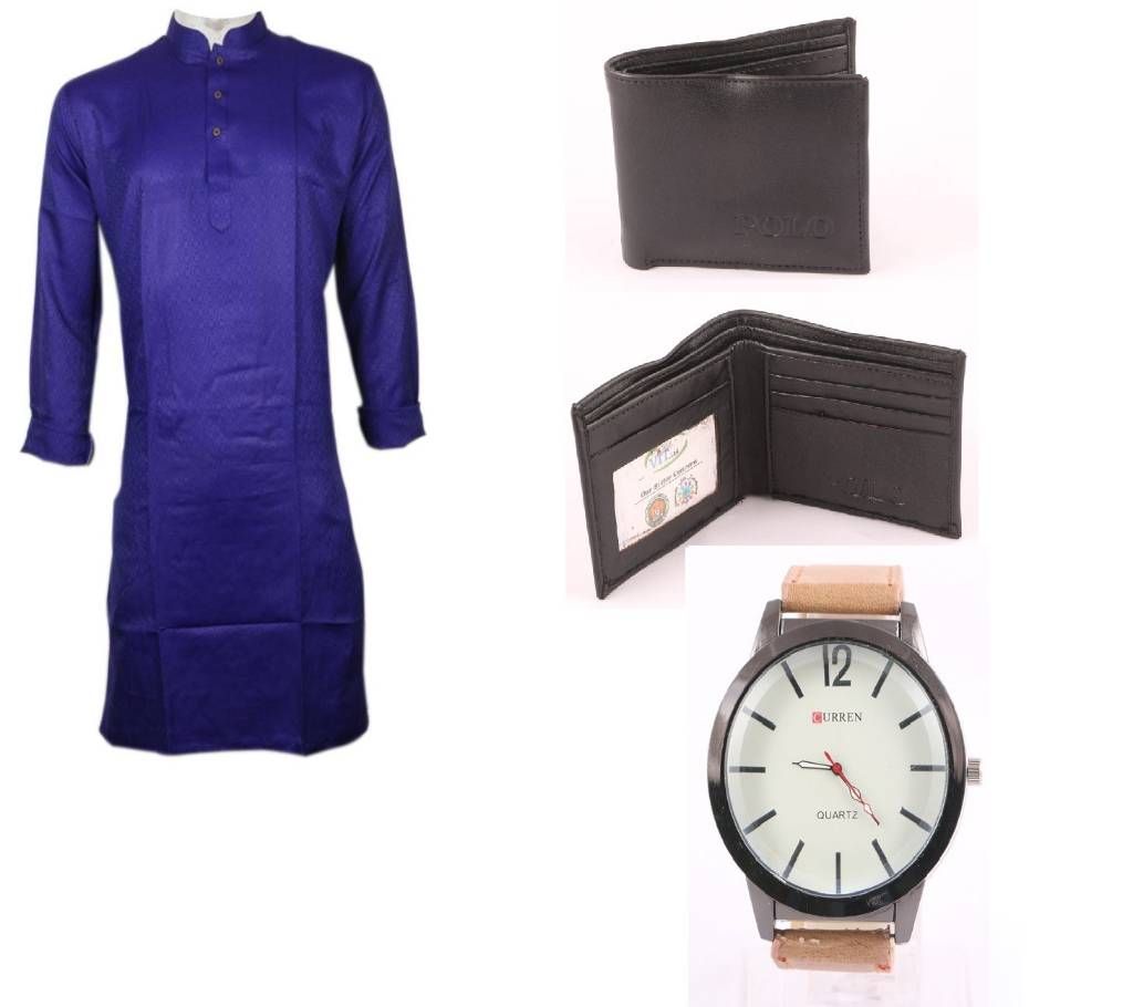 Burmese Cotton Punjabi + PU Leather Mens Wallet (1 pcs) + Gents Wrist Watch