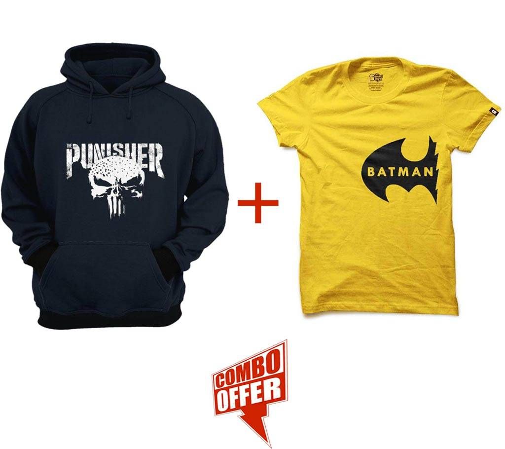 Punisher-Navy Blue-Mens-Hoodie+Gents Summer T-Shirt - Batman Combo Offer 