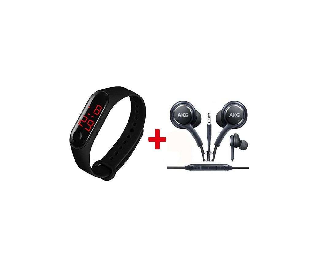 Push Type Digital Smart band Black+AKG In ear earphone Black Combo