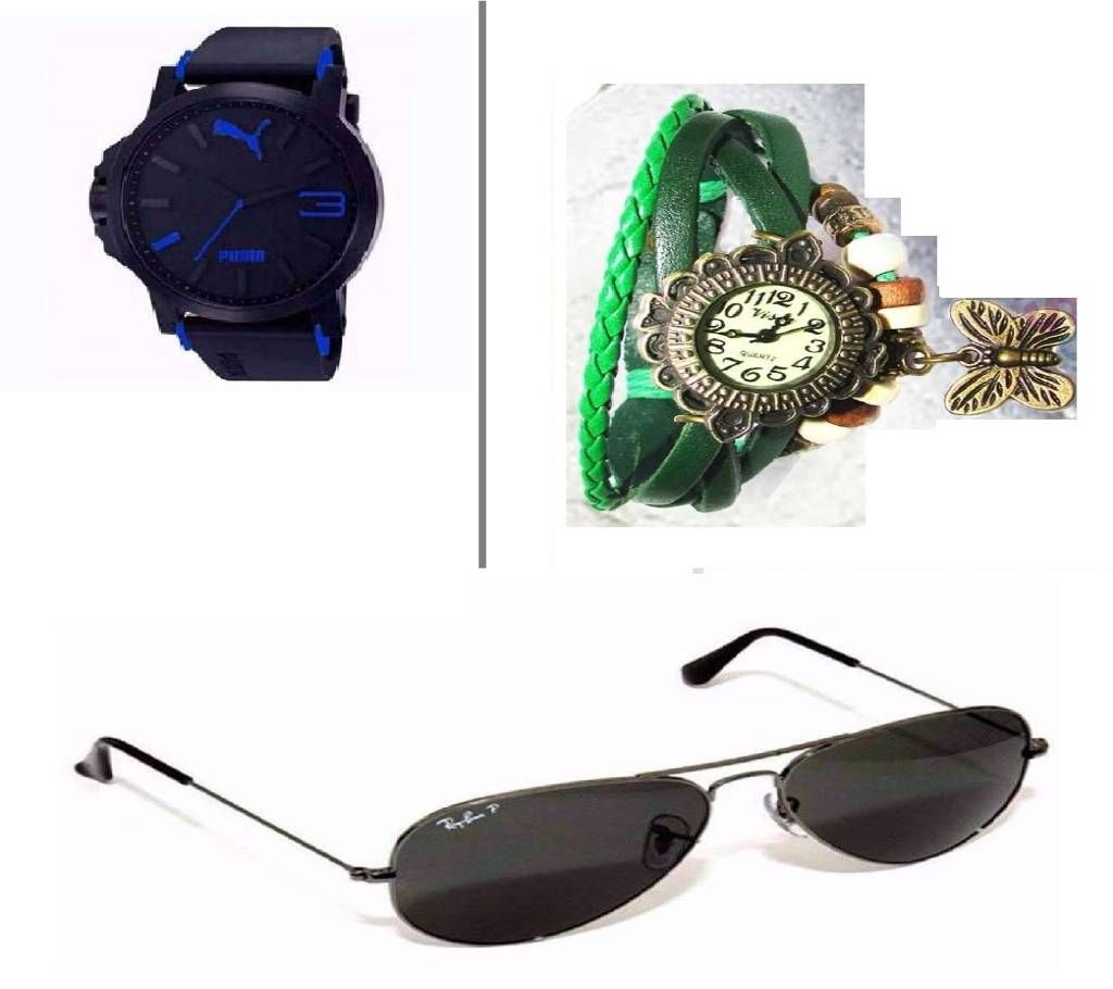 PUMA Gentts Watch + Ladies Bracelet Watch + RAY BAN Jaintes Sunglasses (Copy) Combo 