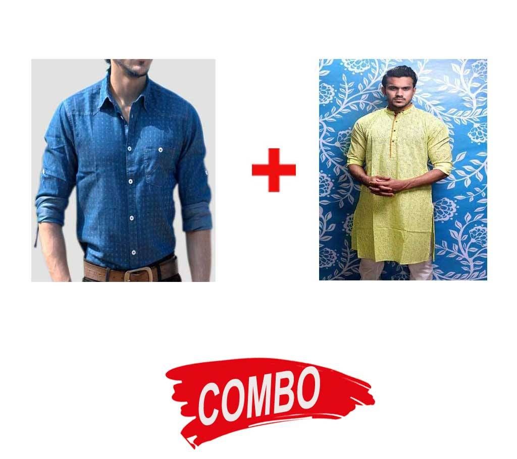 Mens Cotton Panjabi + Mens Full Sleeve Casual Shirt - Combo Offer