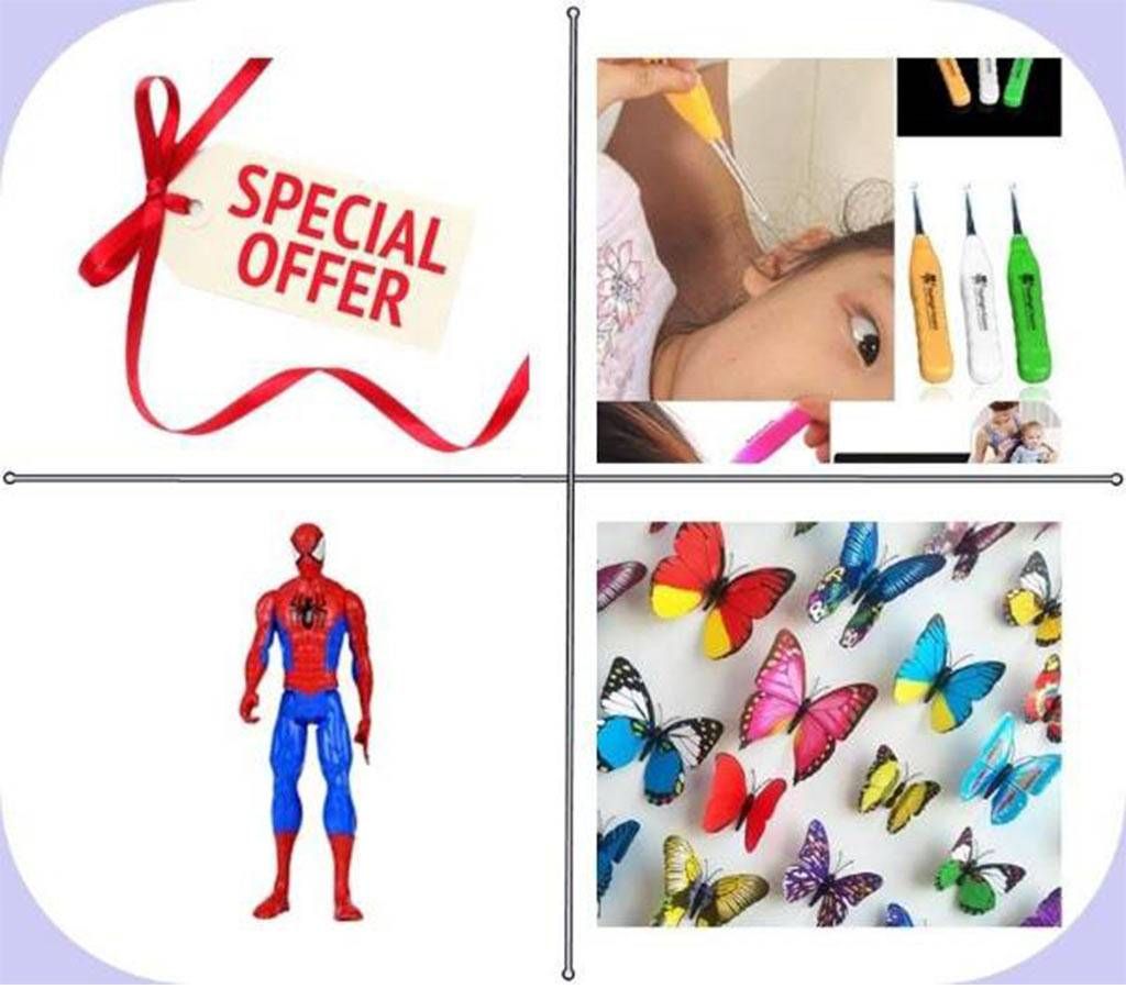Combo  of Ear Cleaner + Spider Man Toy + Butterfly Wall Sticker