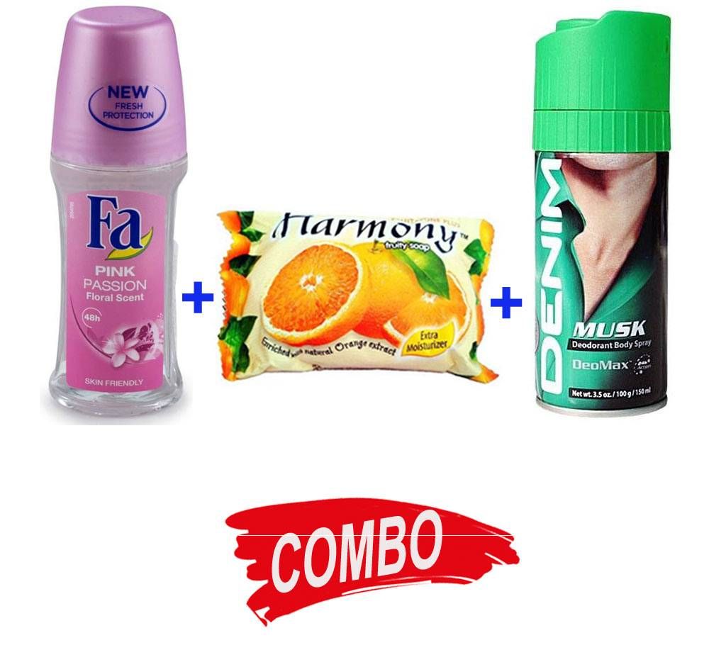 DENIM Musk Body Spray + Harmony সোপ Orange + Fa Pink Passion Roll on Body Spray - Combo Offer