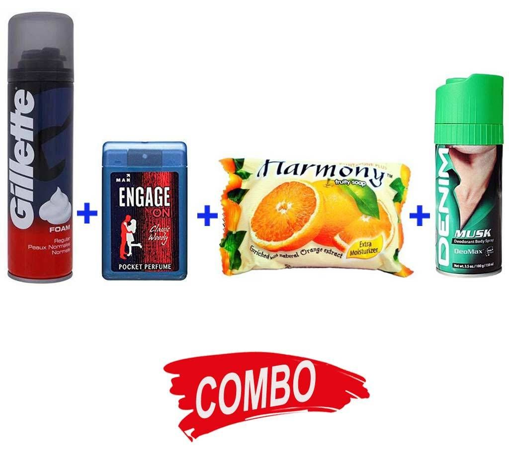 DENIM Musk Body Spray for Men + Gillette Classic Regular Shave Foam + Engage on Classic Woody Perfumes For Men 18ml + Harmony Soap Orange Combo