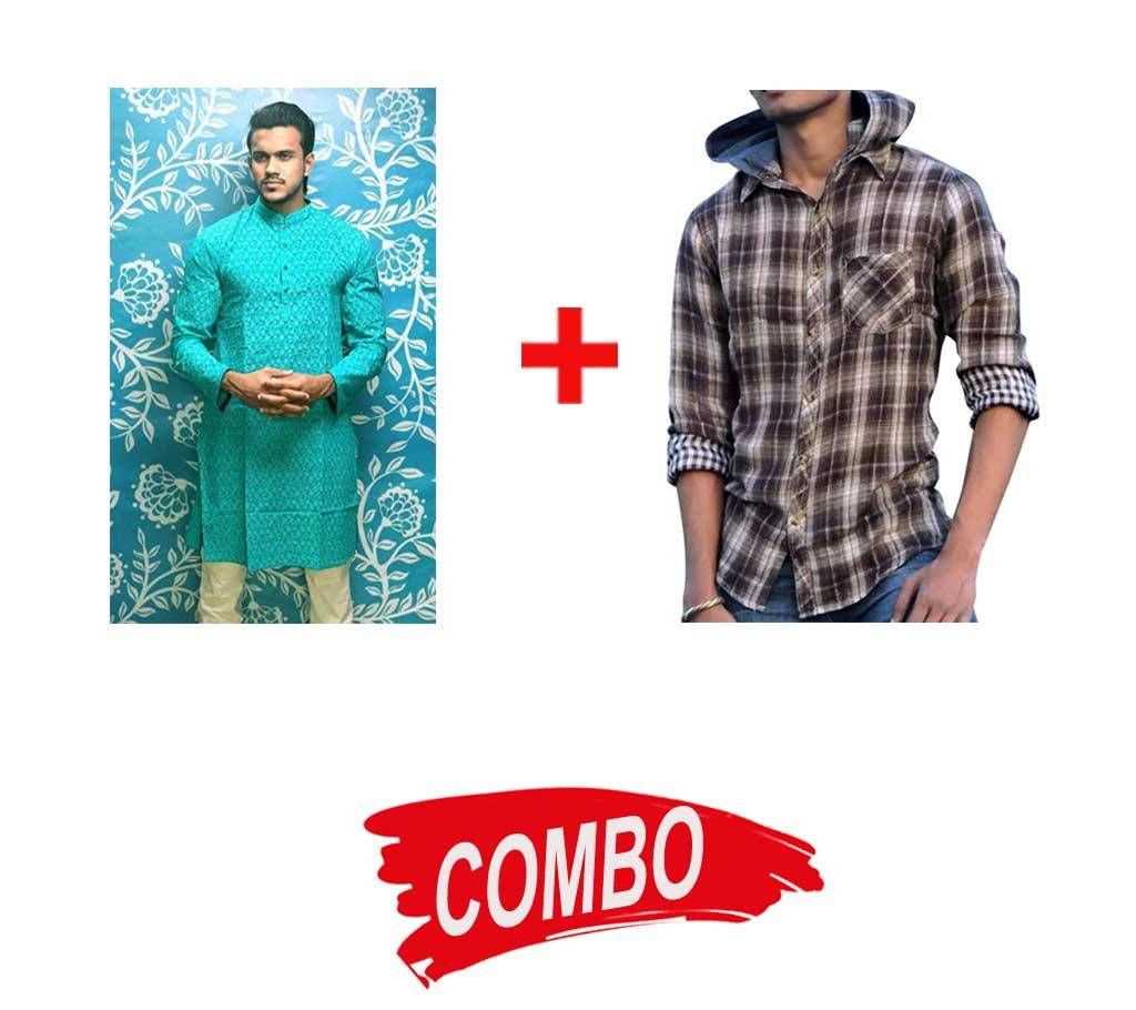 Mens Cotton Panjabi + Mens Full Sleeve Hooded Shirt - Combo Offer