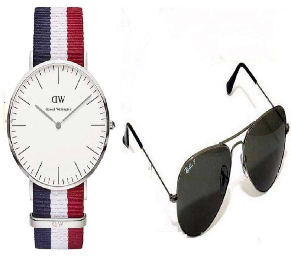 DW gents watch+Ray Ban-copy gents sunglasses combo 