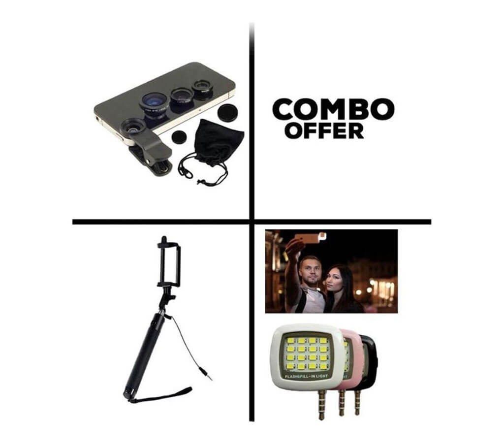 Clip Lens + Selfie Stick + Led Light Combo