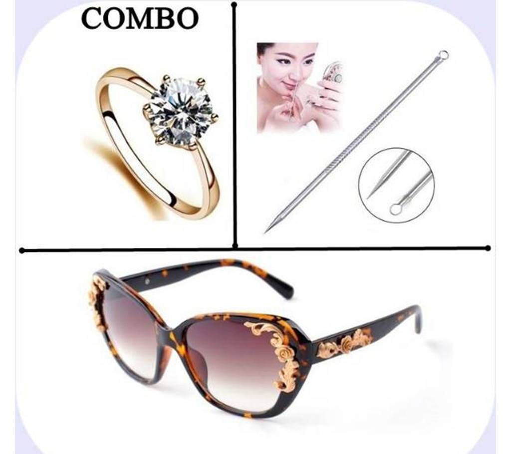 Combo of Rose Gold Plated Finger Ring + Blackhead Remover + Women Fashion Sunglasses