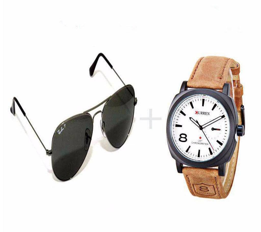 Combo Of Curren Wrist Watch + Ray-Ban Sunglasses-copy 