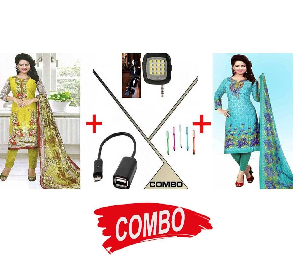 Unstitched Cotton Salwar Kameez (Copy) (2 Pieces) + Selfie Flash Light + OTG Cable + USB Light Combo Offer