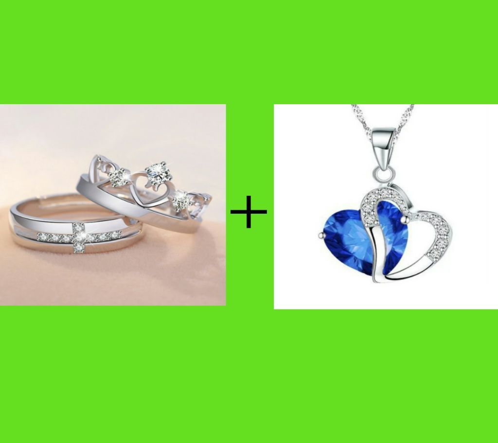 Couple Silver Color Ring + Heart Shape Pendant Blue colour  Combo Offer