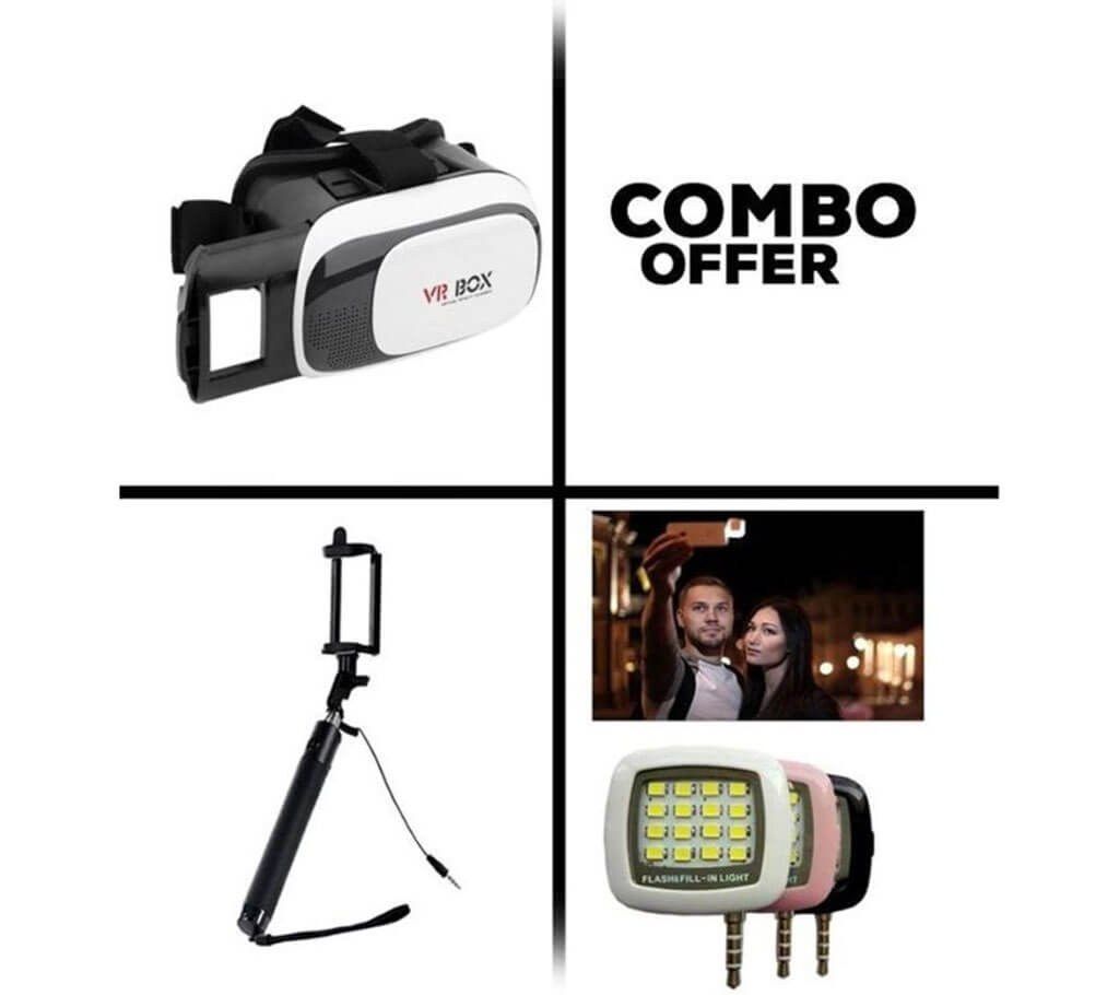 VR Box 3D+Bluetooth Selfie Stick+Selfie Light Combo