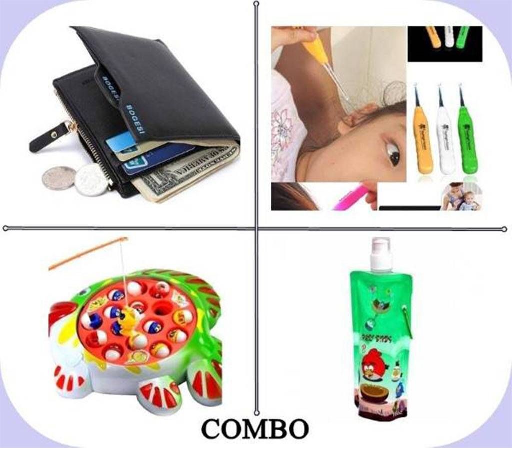 Combo of Leather Wallet + Ear Cleaner + Fishing Game + Water Bottle