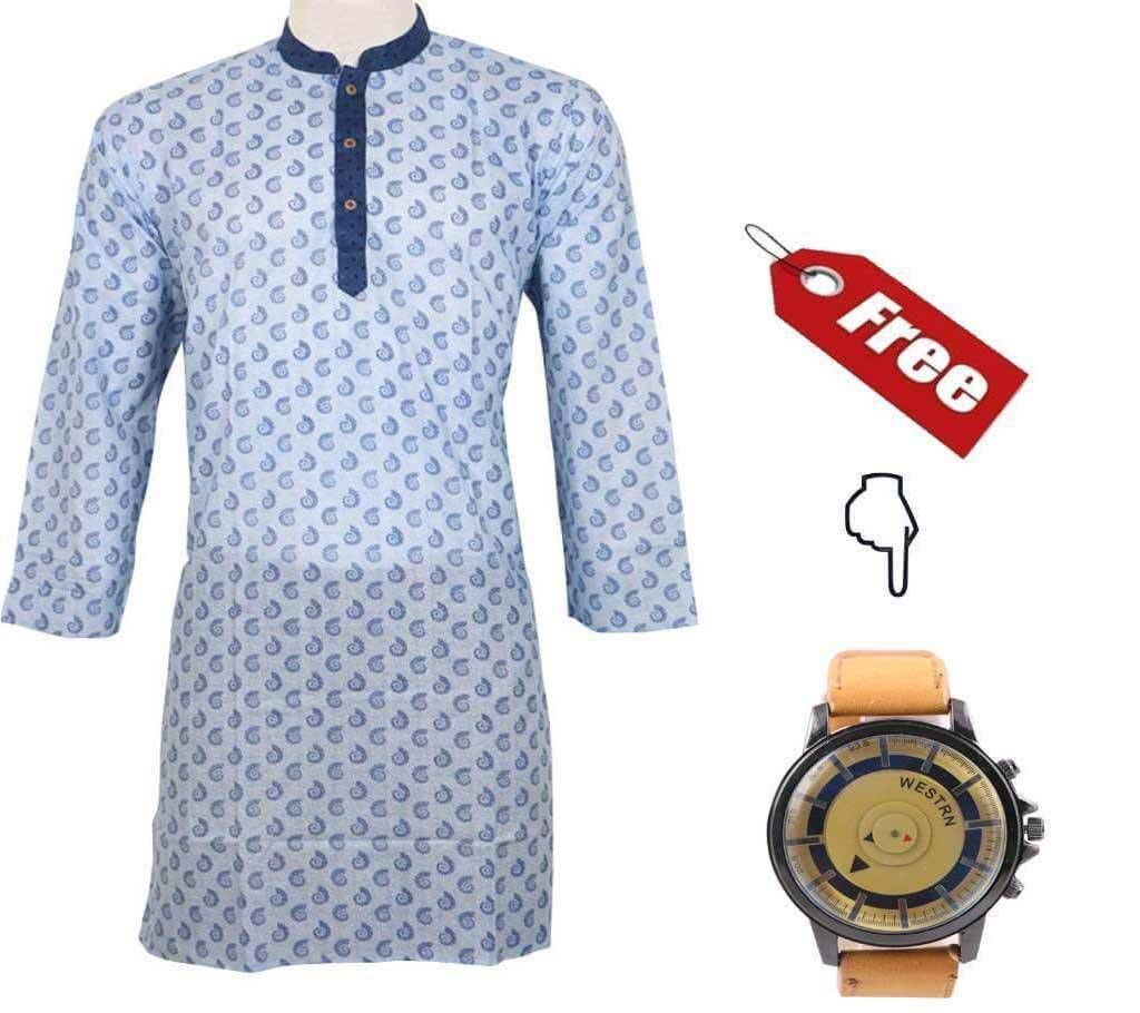 Printed Cotton Punjabi with Free Gents Watch