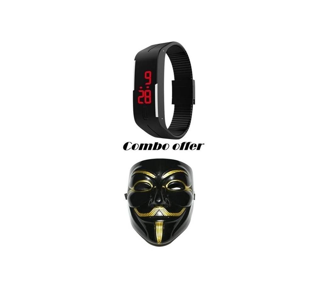 Combo Kids LED Sports Watches & Vendetta Mask - Multicolour