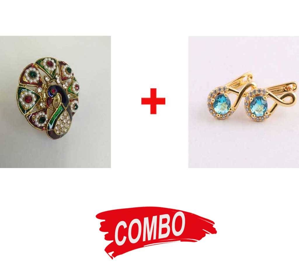 Golden and Sky Blue  Diamond Cut Earring For Women + Finger Ring for Women 