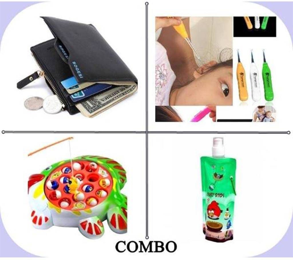 4 Pack of Combo Leather Wallet + Ear Cleaner + Fishing game+Bottle