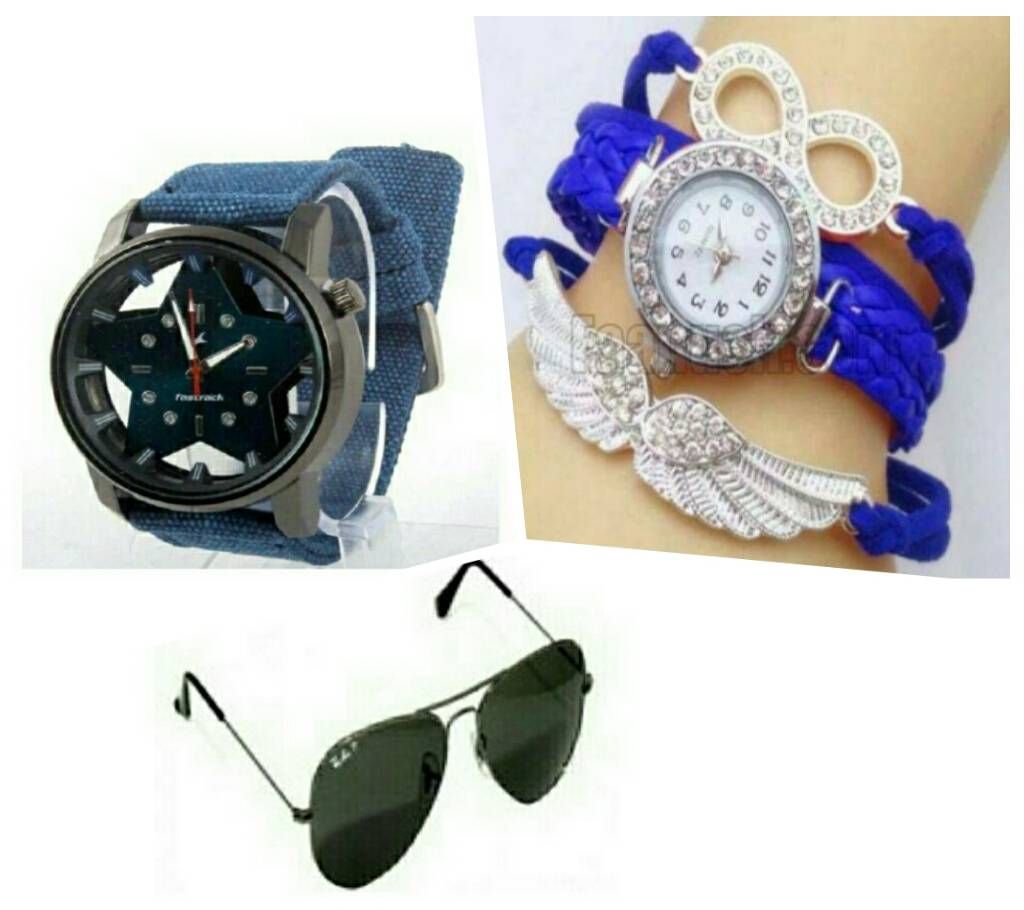 Fastrack Gents Watch (copy) + Ray ban Sunglasses (copy) + Ladies Bracelet watch combo offer 