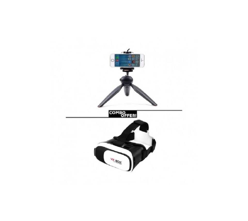 Combo of Mini Tripod with Phone Holder Clip and VR Box