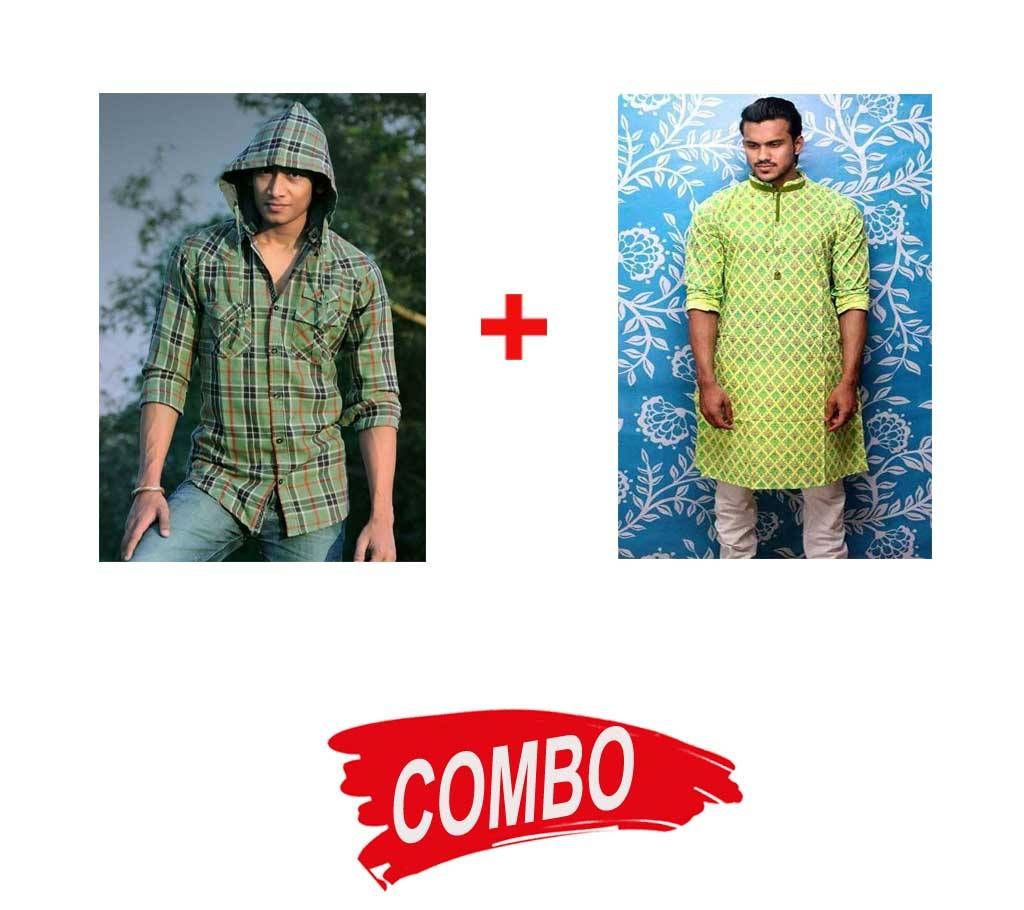 Mens Cotton Panjabi + Mens Full Sleeve Hooded Check Shirt  - Combo Offer