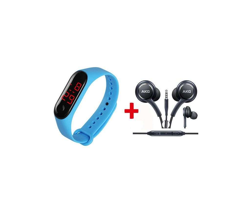 Push Type Digital Smart Band Blue+AKG IN ear earphone Black Combo